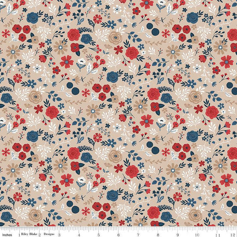 Fat Quarter End of Bolt - Red, White and True Floral C13185 Beach - Riley Blake Designs - Patriotic Flower Flowers - Quilting Cotton Fabric
