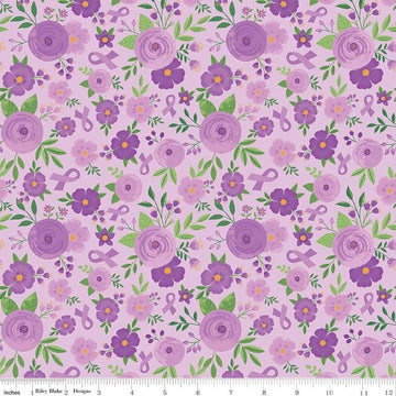 SALE Fat Quarter End of Bolt - Strength in Lavender Floral C13221 Lavender - Riley Blake - Cancer Awareness Ribbons Flowers -Quilting Fabric