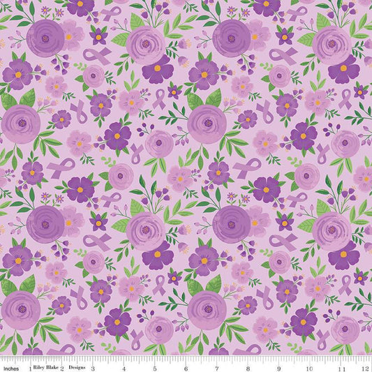 SALE Fat Quarter End of Bolt - Strength in Lavender Floral C13221 Lavender - Riley Blake - Cancer Awareness Ribbons Flowers -Quilting Fabric