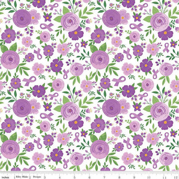 35" End of Bolt - Strength in Lavender Floral C13221 White - Riley Blake Designs - Cancer Awareness Ribbons Flowers - Quilting Cotton Fabric