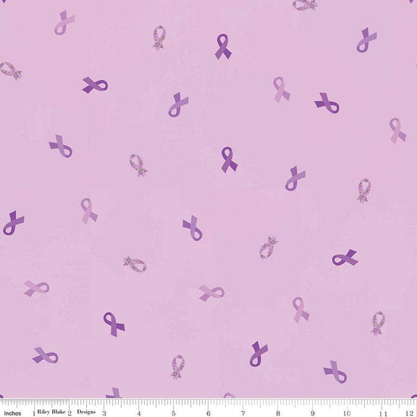 Fat Quarter End of Bolt - SALE Strength in Lavender Ribbons C13222 Lavender - Riley Blake - Cancer Awareness Ribbon - Quilting Cotton Fabric