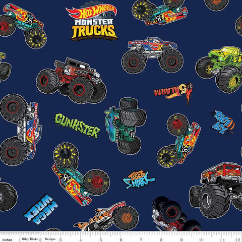 10" End of Bolt - Hot Wheels Monster Trucks Main CD12950 Navy - Riley Blake Designs - DIGITALLY PRINTED Logo Text - Quilting Cotton Fabric