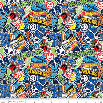 Fat Quarter End of Bolt - Hot Wheels Monster Trucks Logos CD12951 Multi - Riley Blake - Trucks - Quilting Cotton Fabric - Licensed Product