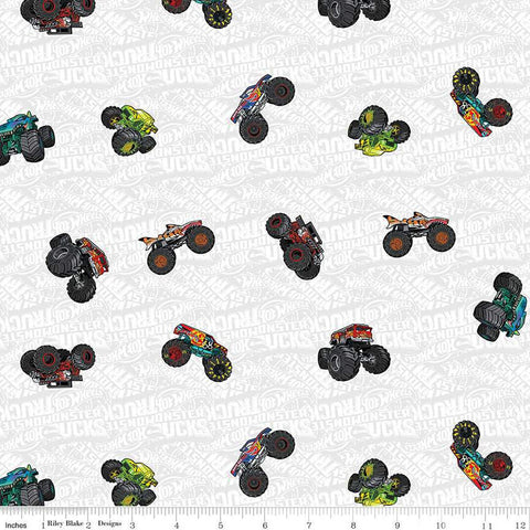 18" End of Bolt - Hot Wheels Monster Trucks Toss CD12952 White - Riley Blake Designs - DIGITALLY PRINTED Trucks - Quilting Cotton Fabric