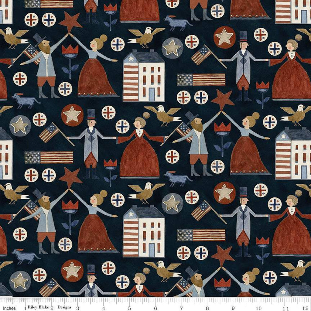 11" End of Bolt - SALE Bright Stars Main C13100 Navy - Riley Blake Designs - Patriotic Folk People Homes Flowers - Quilting Cotton Fabric