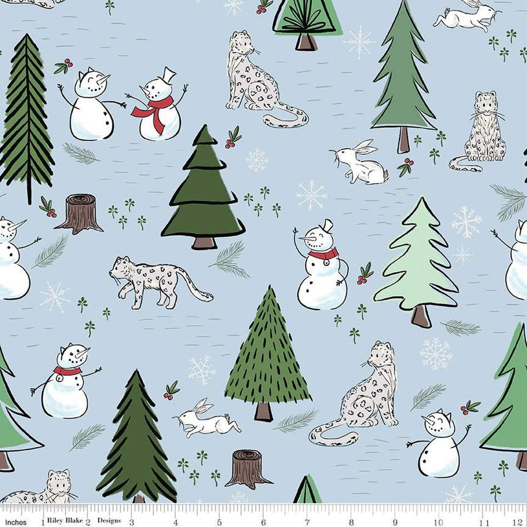 SALE FLANNEL Snow Leopard Main F13190 Ice Blue - Riley Blake Designs - Winter Leopards Snowmen Trees Rabbits - FLANNEL Cotton Fabric