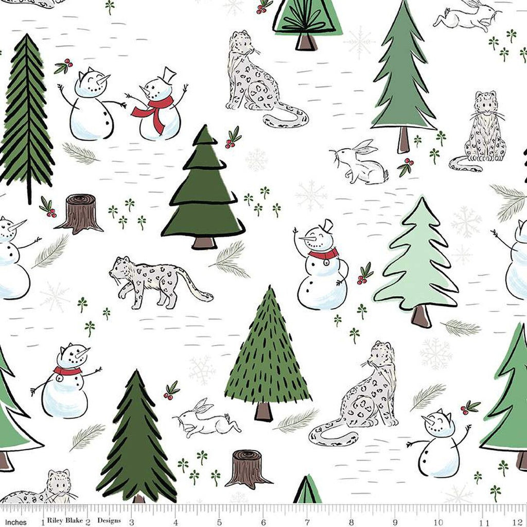 SALE FLANNEL Snow Leopard Main F13190 Cloud - Riley Blake Designs - Winter Leopards Snowmen Trees Rabbits - FLANNEL Cotton Fabric