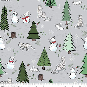 16" End of Bolt - CLEARANCE FLANNEL Snow Leopard Main F13190 Silver - Riley Blake - Winter Leopards Snowmen Trees Rabbits - FLANNEL Cotton