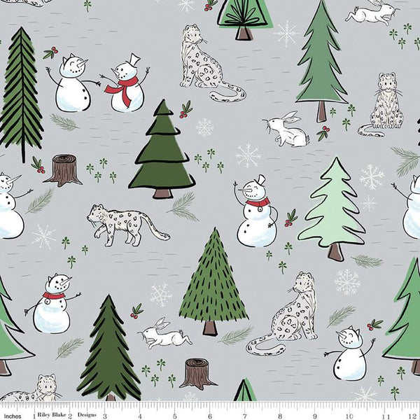 CLEARANCE FLANNEL Snow Leopard Main F13190 Silver - Riley Blake Designs - Winter Leopards Snowmen Trees Rabbits - FLANNEL Cotton Fabric