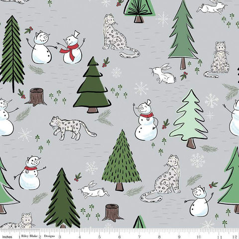 SALE FLANNEL Snow Leopard Main F13190 Silver - Riley Blake Designs - Winter Leopards Snowmen Trees Rabbits - FLANNEL Cotton Fabric