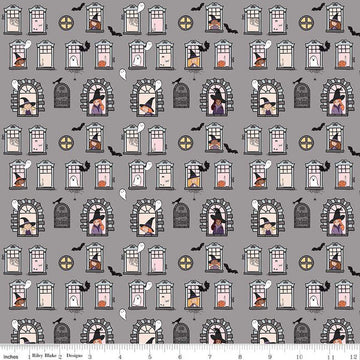 SALE Spooky Schoolhouse Witch School C13202 Gray - Riley Blake Designs - Halloween Witches Spiderwebs Ghosts Bats - Quilting Cotton Fabric