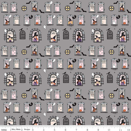 DEAL Spooky Schoolhouse Witch School C13202 Gray - Riley Blake Designs - Halloween Witches Spiderwebs Ghosts Bats - Quilting Cotton Fabric