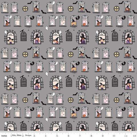 Spooky Schoolhouse Witch School C13202 Gray - Riley Blake Designs - Halloween Witches Spiderwebs Ghosts Bats - Quilting Cotton Fabric