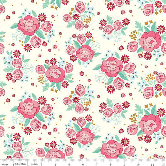 Fat Quarter End of Bolt - SALE Swan Serenade Main SC13260 Cream SPARKLE - Riley Blake - Floral Antique Gold SPARKLE - Quilting Cotton Fabric