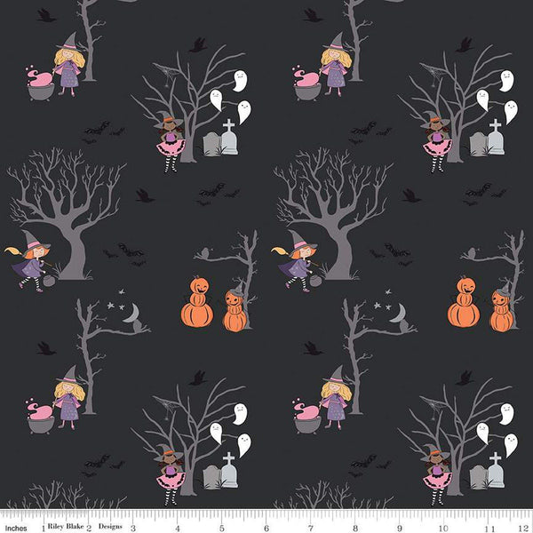 Spooky Schoolhouse Main SC13200 Charcoal SPARKLE - Riley Blake Designs - Halloween Witches Silver SPARKLE - Quilting Cotton Fabric