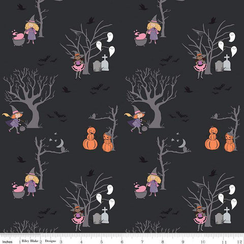 Spooky Schoolhouse Main SC13200 Charcoal SPARKLE - Riley Blake Designs - Halloween Witches Silver SPARKLE - Quilting Cotton Fabric