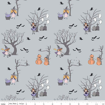 SALE Spooky Schoolhouse Main SC13200 Silver SPARKLE - Riley Blake Designs - Halloween Witches Silver SPARKLE - Quilting Cotton Fabric