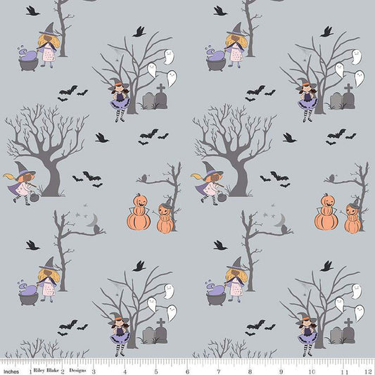 DEAL Spooky Schoolhouse Main SC13200 Silver SPARKLE - Riley Blake Designs - Halloween Witches Silver SPARKLE - Quilting Cotton Fabric