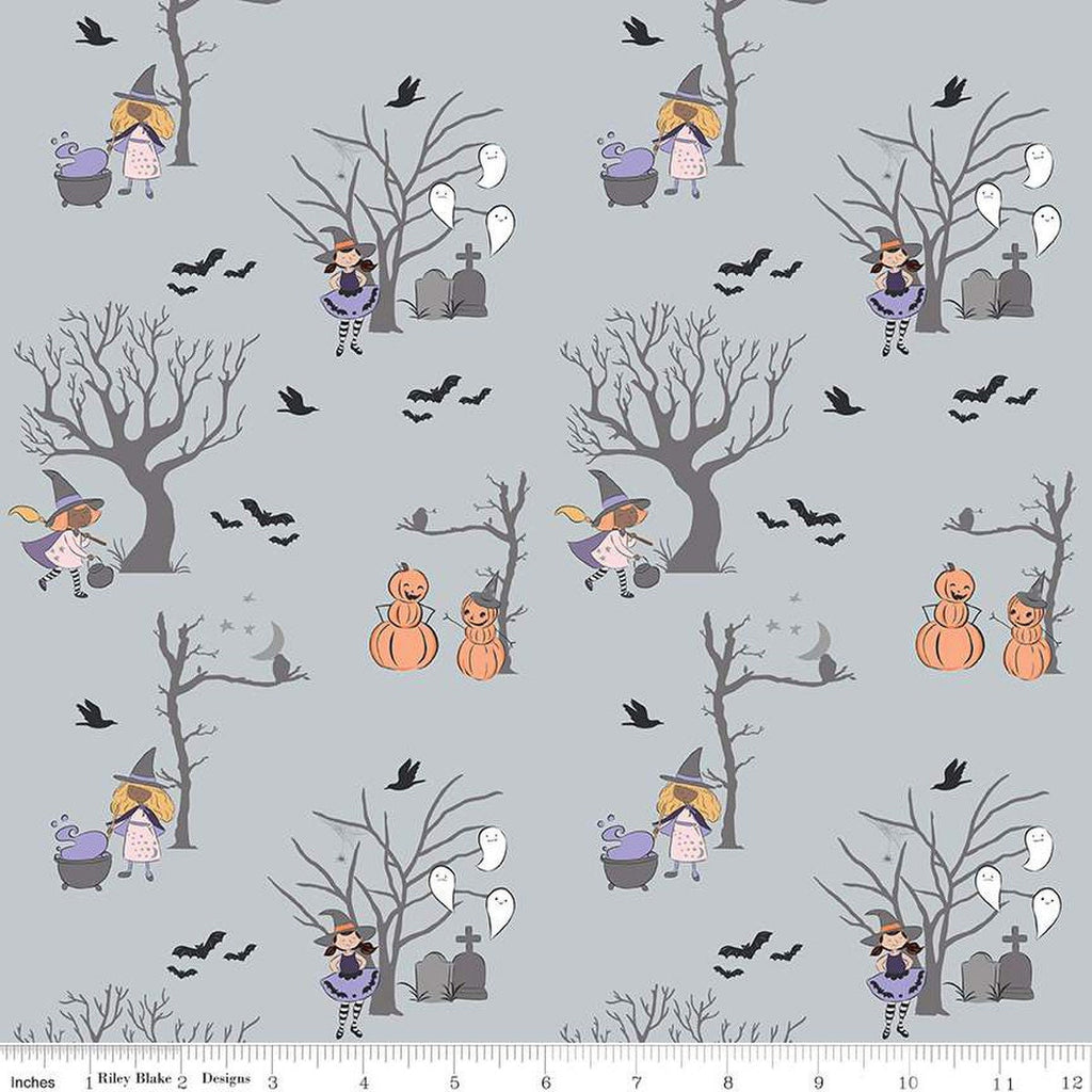 SALE Spooky Schoolhouse Main SC13200 Silver SPARKLE - Riley Blake Designs - Halloween Witches Silver SPARKLE - Quilting Cotton Fabric
