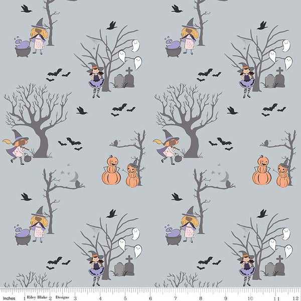 SALE Spooky Schoolhouse Main SC13200 Silver SPARKLE - Riley Blake Designs - Halloween Witches Silver SPARKLE - Quilting Cotton Fabric