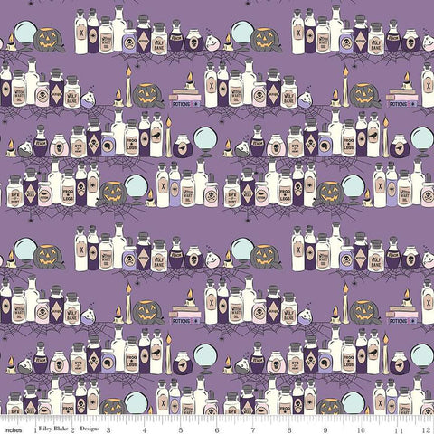 SALE Spooky Schoolhouse Potions Class C13201 Lilac - Riley Blake Designs - Halloween Jars Bottles Pumpkins - Quilting Cotton Fabric
