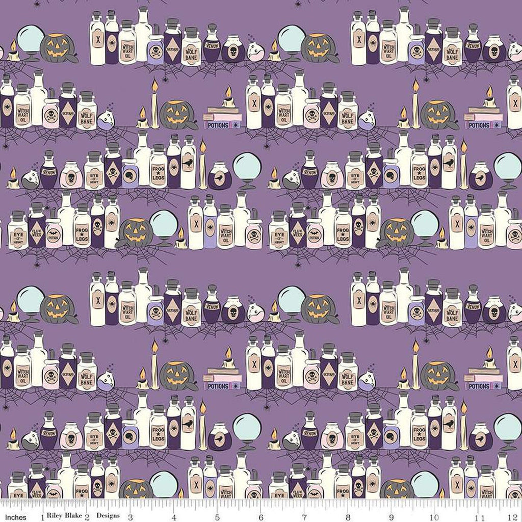 SALE Spooky Schoolhouse Potions Class C13201 Lilac - Riley Blake Designs - Halloween Jars Bottles Pumpkins - Quilting Cotton Fabric