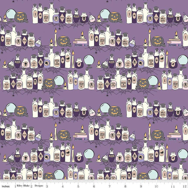 SALE Spooky Schoolhouse Potions Class C13201 Lilac - Riley Blake Designs - Halloween Jars Bottles Pumpkins - Quilting Cotton Fabric