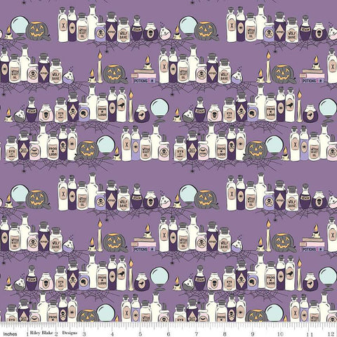 SALE Spooky Schoolhouse Potions Class C13201 Lilac - Riley Blake Designs - Halloween Jars Bottles Pumpkins - Quilting Cotton Fabric