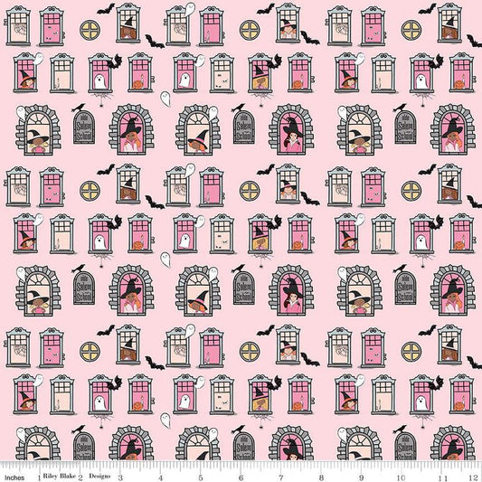 DEAL Spooky Schoolhouse Witch School C13202 Pink - Riley Blake Designs - Halloween Witches Spiderwebs Ghosts Bats - Quilting Cotton Fabric