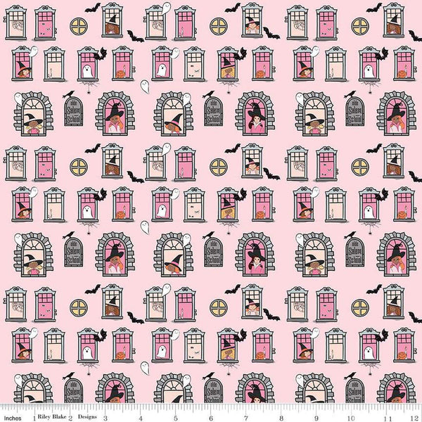 Spooky Schoolhouse Witch School C13202 Pink - Riley Blake Designs - Halloween Witches Spiderwebs Ghosts Bats - Quilting Cotton Fabric