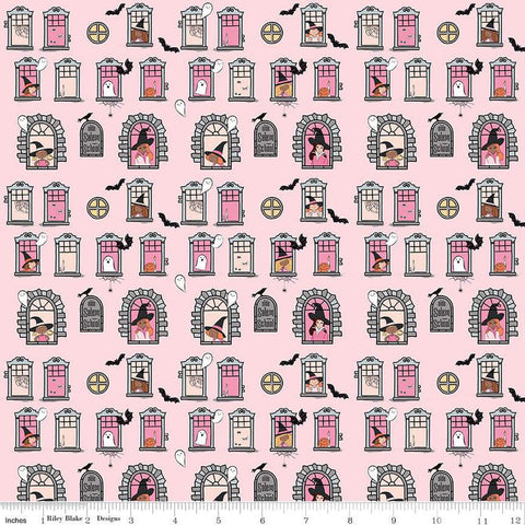 SALE Spooky Schoolhouse Witch School C13202 Pink - Riley Blake Designs - Halloween Witches Spiderwebs Ghosts Bats - Quilting Cotton Fabric