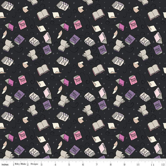 DEAL Spooky Schoolhouse Spellbooks SC13203 Charcoal SPARKLE - Riley Blake Designs - Halloween Books Silver SPARKLE - Quilting Cotton Fabric