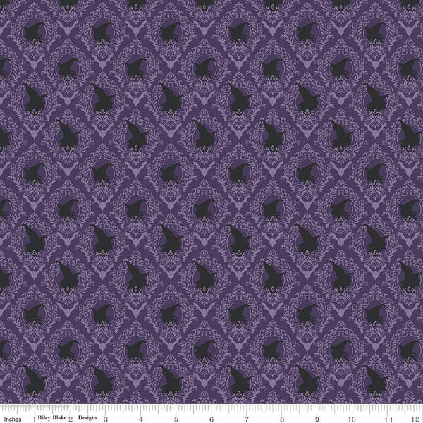 Spooky Schoolhouse Damask C13204 Purple - Riley Blake Designs - Halloween Witches Bats - Quilting Cotton Fabric