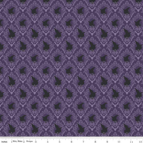 Spooky Schoolhouse Damask C13204 Purple - Riley Blake Designs - Halloween Witches Bats - Quilting Cotton Fabric