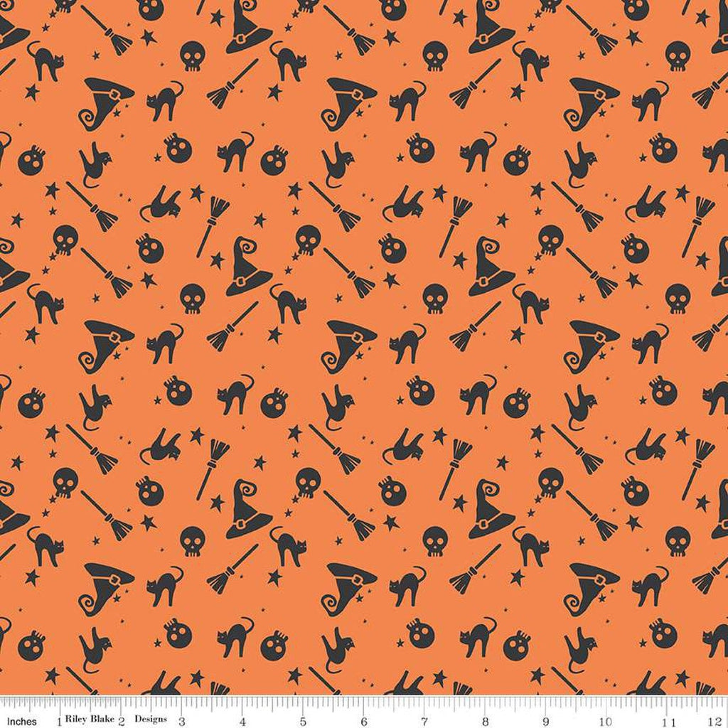 SALE Hey Bootiful Witch Icons C13131 Orange - Riley Blake Designs - Halloween Witches Skulls Brooms Cats Hats - Quilting Cotton Fabric