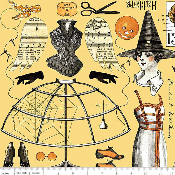 SALE Queen of We'en Collage CD13164 Yellow - Riley Blake Designs - DIGITALLY PRINTED Halloween Sewing - J. Wecker Frisch - Quilting Cotton