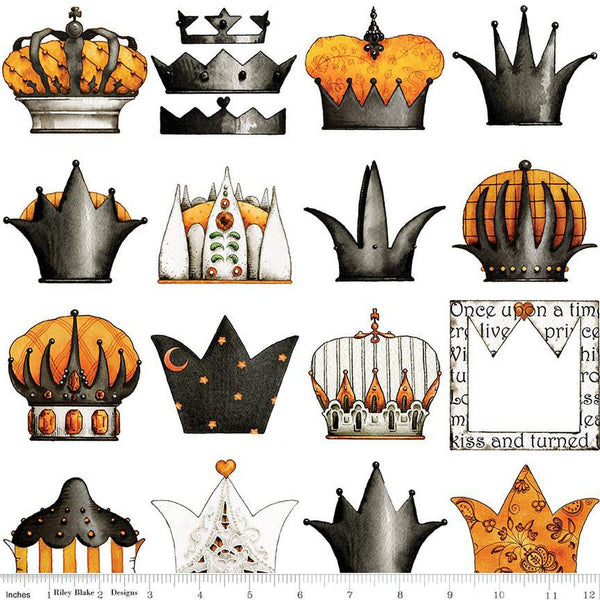 SALE Queen of We'en Crowns CD13165 White - Riley Blake Designs - DIGITALLY PRINTED Halloween - J. Wecker Frisch - Quilting Cotton