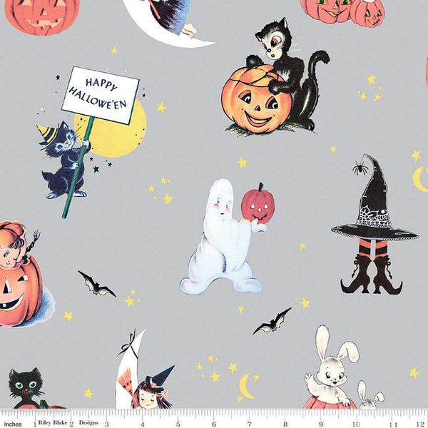 SALE Fright Delight Main C13230 Gray - Riley Blake Designs - Vintage Halloween Cats Ghosts Witches Jack-o'-Lanterns - Quilting Cotton Fabric