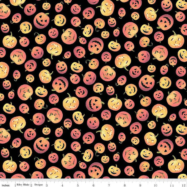 SALE Fright Delight Pumpkins C13231 Black - Riley Blake Designs - Halloween Jack-o'-Lanterns - Quilting Cotton Fabric