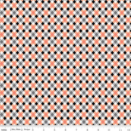 Fright Delight Plaid C13235 Multi - Riley Blake Designs - Halloween Diagonal Black White Orange Gray - Quilting Cotton Fabric