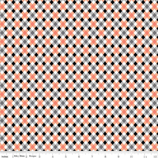 Fright Delight Plaid C13235 Multi - Riley Blake Designs - Halloween Diagonal Black White Orange Gray - Quilting Cotton Fabric