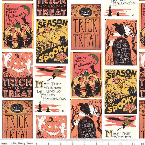 SALE Fright Delight Cards C13236 White - Riley Blake Designs - Halloween Vintage - Quilting Cotton Fabric