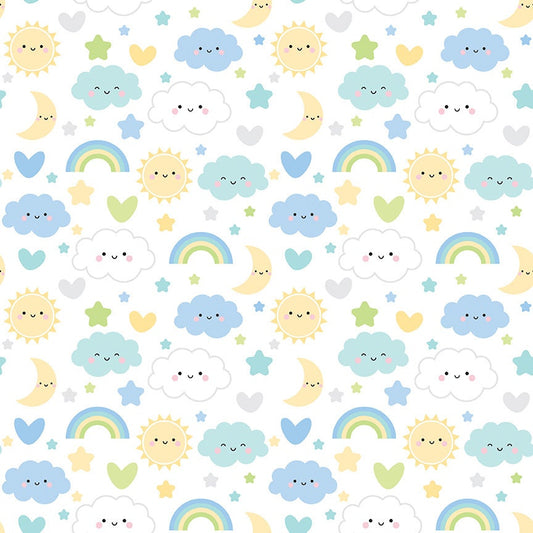 9" End of Bolt - FLANNEL Baby Boy Sweet Dreams F13330 White - Riley Blake - Children's Clouds Rainbows Hearts - FLANNEL Cotton Fabric