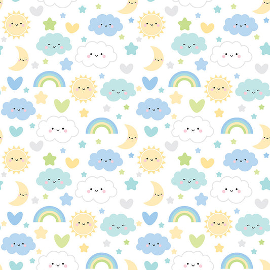 9" End of Bolt - FLANNEL Baby Boy Sweet Dreams F13330 White - Riley Blake - Children's Clouds Rainbows Hearts - FLANNEL Cotton Fabric