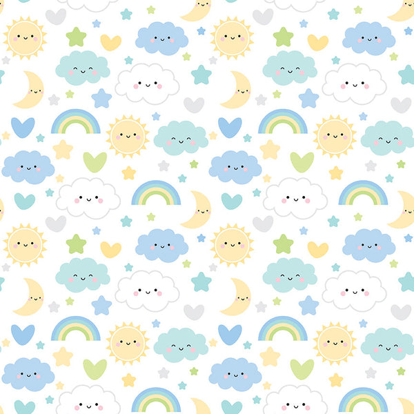 26" End of Bolt - FLANNEL Baby Boy Sweet Dreams F13330 White - Riley Blake - Children's Clouds Rainbows Hearts - FLANNEL Cotton Fabric