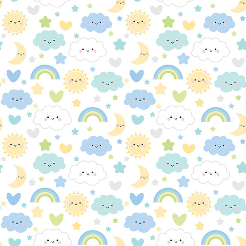 26" End of Bolt - FLANNEL Baby Boy Sweet Dreams F13330 White - Riley Blake - Children's Clouds Rainbows Hearts - FLANNEL Cotton Fabric