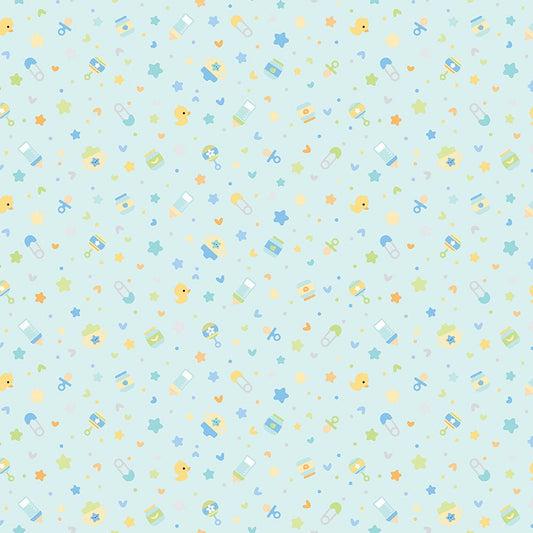 16" End of Bolt - SALE FLANNEL Baby Boy Binkies and Bottles F13332 Sky - Riley Blake Designs - Children's Stars Safety Pins - FLANNEL Cotton