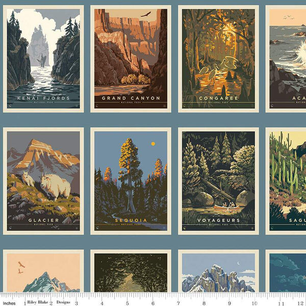 SALE National Parks Postcards CD13291 Blue - Riley Blake Designs - DIGITALLY PRINTED Outdoors Postcard Posters - Quilting Cotton Fabric