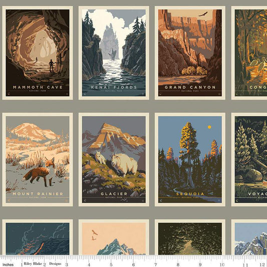 DEAL National Parks Postcards CD13291 Gray - Riley Blake Designs - DIGITALLY PRINTED Postcard Posters - Quilting Cotton Fabric