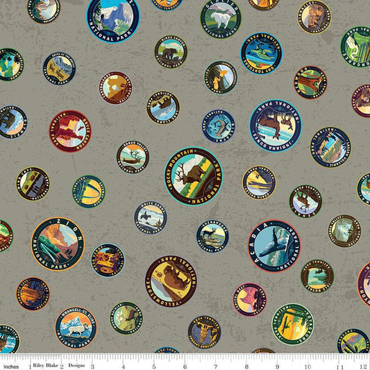 DEAL National Parks Emblems CD13292 Gray - Riley Blake Designs - DIGITALLY PRINTED Outdoors Recreation - Quilting Cotton Fabric